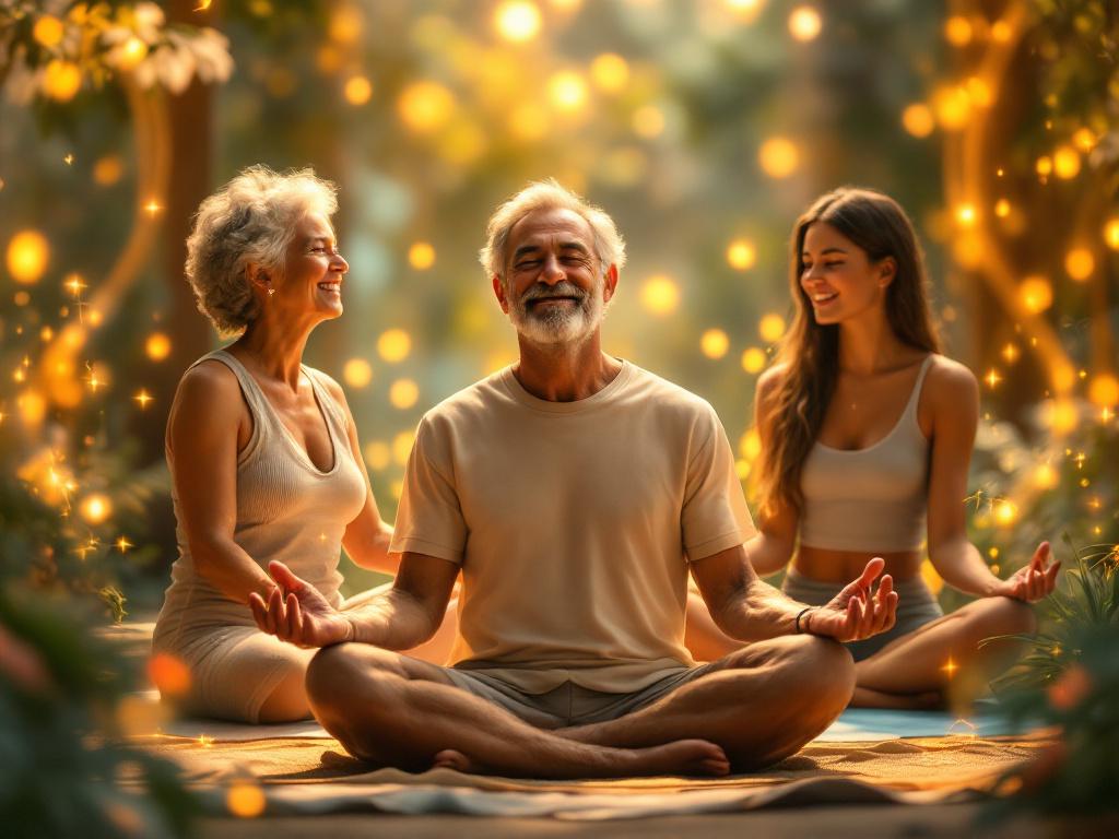 Groupe de trois personnes (homme et deux femmes) en posture de méditation (Anjali Mudra) lors d'une séance de yoga Harcoveil en pleine nature, entourés d'une lumière dorée et d'une ambiance apaisante. Yoga intergénérationnel pour l'équilibre corps-esprit à Cérilly, Bourges et Rezay
